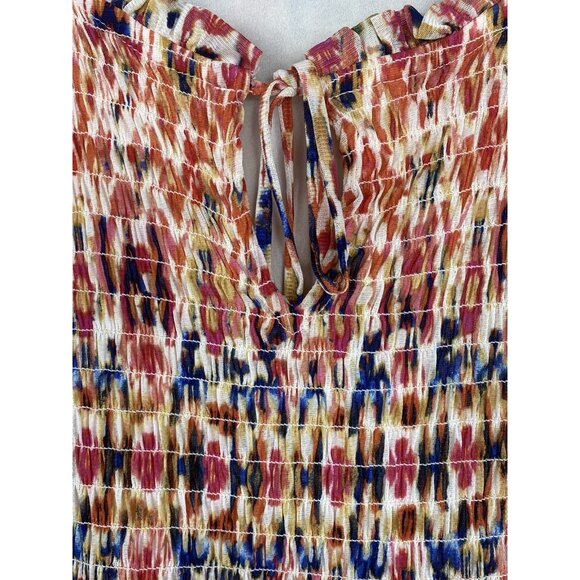 Rose + Olive Size XL Colorful Print Smocked Popover Top Boho Peasant Orange Red - Picture 4 of 12